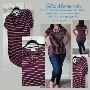 Glitz Maternity Maroon Tee with White Stripes, Decorative Scoop Neck, sz Large